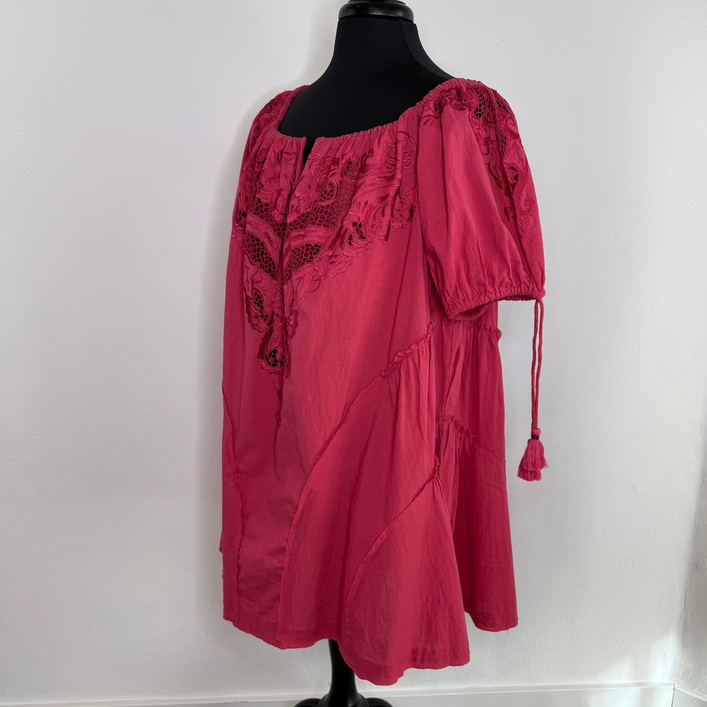 Free People Sunbeat Off-the-Shoulder Embroidered Tunic Mini Dress Pink M NWT - Picture 6 of 16